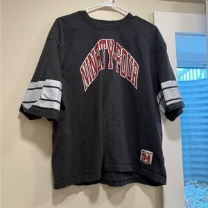 Old Navy Black Tee with Gray Stripes and Red Print